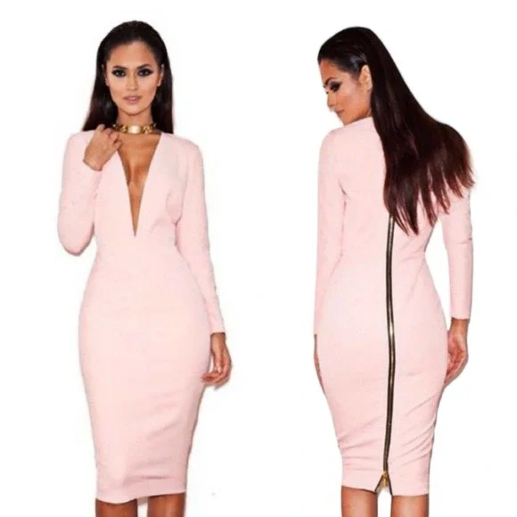 House of CB Womens Dress Dominique Baby Pink Full Zip Deep V Neck Bodycon Sz XS - Picture 3 of 12